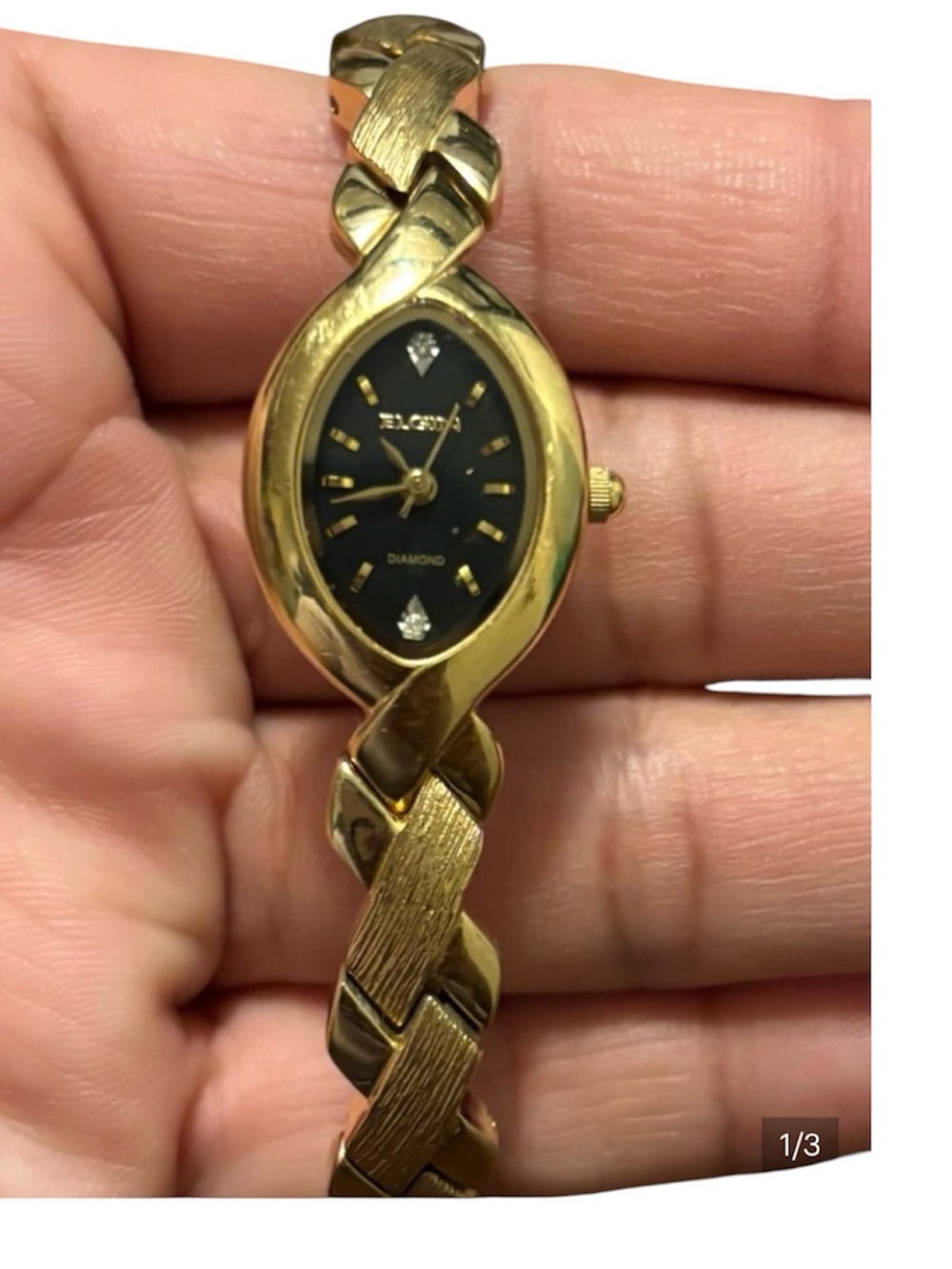 Elgin Women's Gold-Tone Bracelet Watch with Black Dial and Diamond Accents